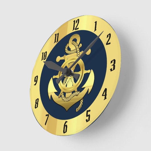 Nautisches Goldschiff/Schiffsanker/blau Runde Wanduhr (Winkel)