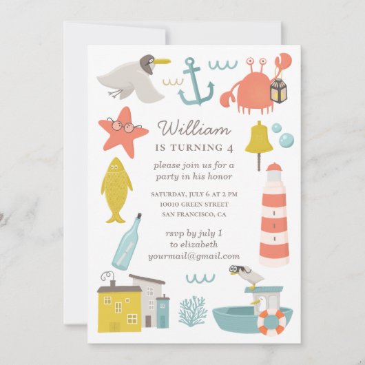Nautisches Kindergeburtstag Party. Meerestiere Einladung (Vorderseite)