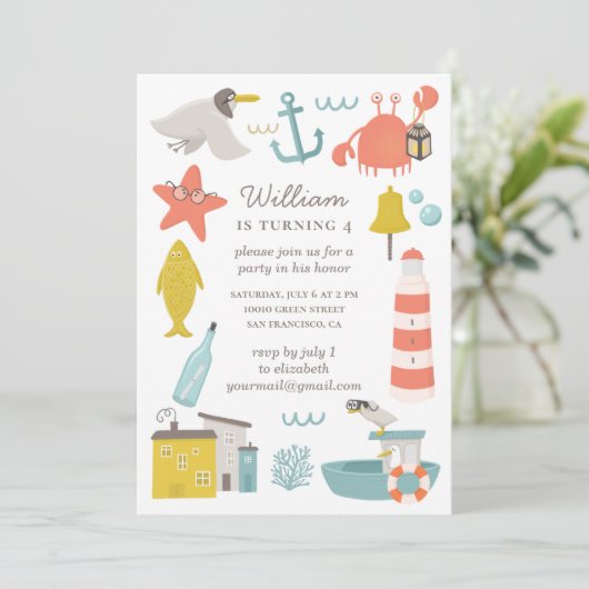 Nautisches Kindergeburtstag Party. Meerestiere Einladung (Stehend Vorderseite)