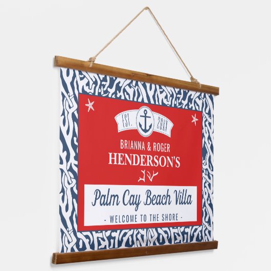 Nautisches Korallenmuster der Red Navy im Beach Ho Wandteppich Mit Holzrahmen (Gewinkelt)