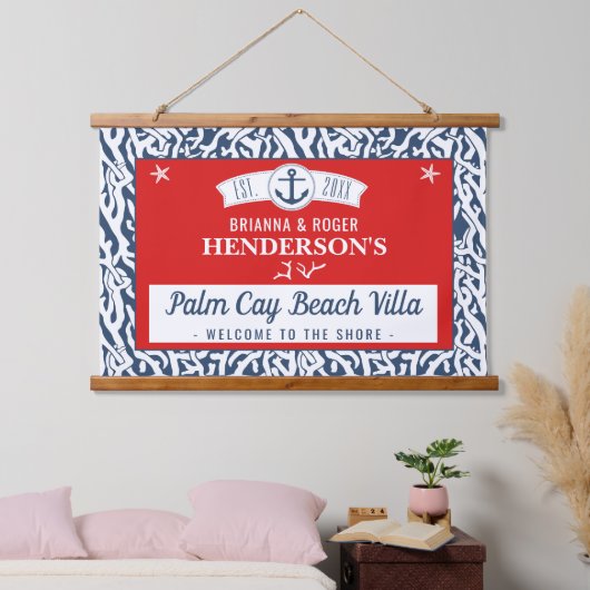 Nautisches Korallenmuster der Red Navy im Beach Ho Wandteppich Mit Holzrahmen (Schlafzimmer)