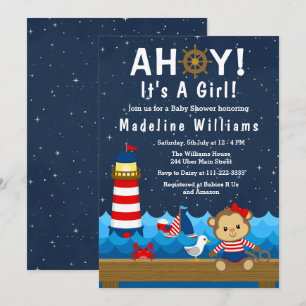 Nautisches Mädchen-Affe Rot und Marine-Blau Baby S Einladung