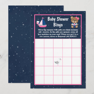 Nautisches Mädchen-Bär Rosa und Marine Baby-Bingo Einladung