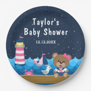 Nautisches Mädchen-Bär Rosa und Marine Baby-Party Pappteller