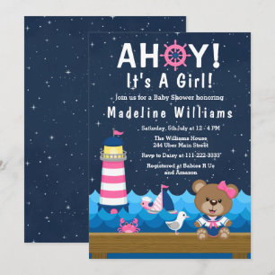 Nautisches Mädchen-Bär Rosa und Marine-Blau Baby S Einladung