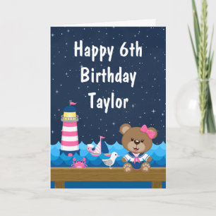 Nautisches Mädchen-Bär Rosa und Navy Happy Birthda Karte