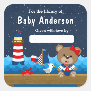 Nautisches Mädchen-Bär-Rot und Marine-Baby-Exlibri Quadratischer Aufkleber
