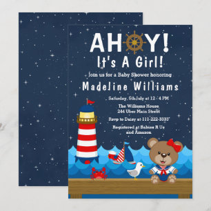 Nautisches Mädchen-Bär Rot und Marine-Blau Baby-Pa Einladung