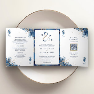 Nautisches Marine-Monogramm-Et-Zeichen QR-Code-Hoc Dreifach Gefaltete Einladung