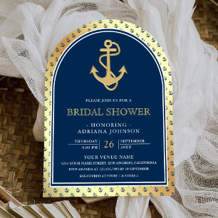 Nautisches Marineblau Gold Anker Bogen Brautparty Einladung