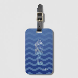 Nautisches Marineblau-Streifenwellen-Seepferdchen Gepäckanhänger