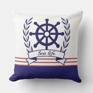 Nautisches Meerleben & Schiffssteuerrad Blau und W Kissen