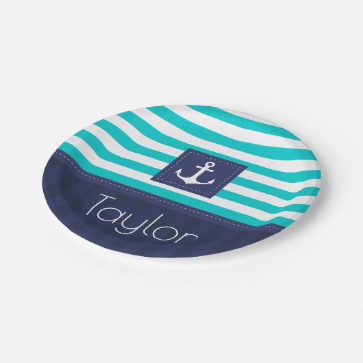 Nautisches modernes Ankerdesign Personalisiert Pappteller (Schrägansicht)