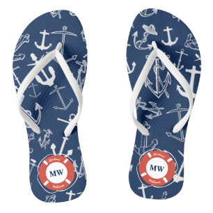 Nautisches Mongram Navy Blue Anchor Muster Badesandalen