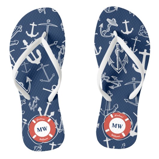 Nautisches Mongram Navy Blue Anchor Muster Badesandalen (Fußbett)