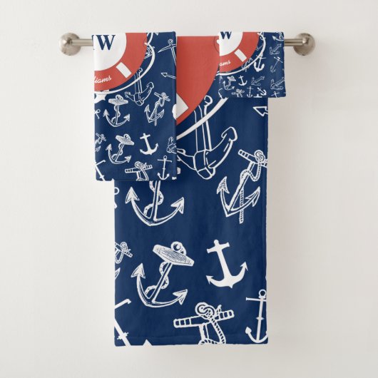 Nautisches Mongram Navy Blue Anchor Muster Badhandtuch Set (Insitu)
