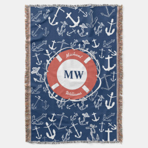 Nautisches Mongram Navy Blue Anchor Muster Decke