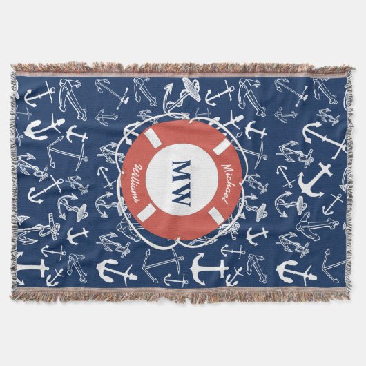 Nautisches Mongram Navy Blue Anchor Muster Decke (Vorderseite)