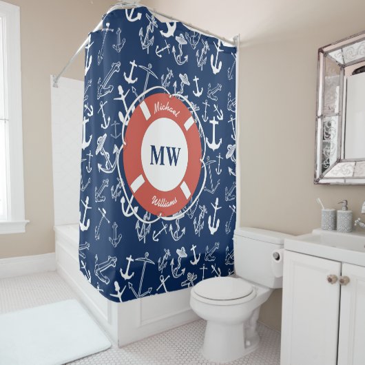 Nautisches Mongram Navy Blue Anchor Muster Duschvorhang (Beispiel)