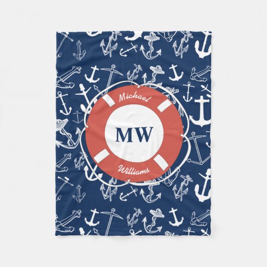 Nautisches Mongram Navy Blue Anchor Muster Fleecedecke (Vorderseite)