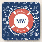 Nautisches Mongram Navy Blue Anchor Muster Getränkeuntersetzer (Vorderseite)