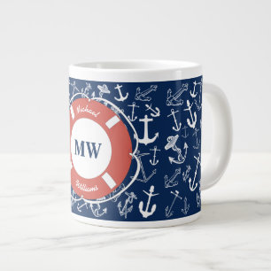 Nautisches Mongram Navy Blue Anchor Muster Jumbo-Tasse