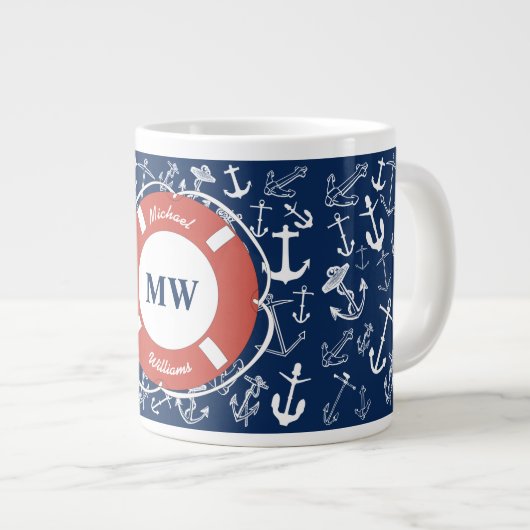 Nautisches Mongram Navy Blue Anchor Muster Jumbo-Tasse (Vorderseite Rechts)