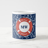 Nautisches Mongram Navy Blue Anchor Muster Jumbo-Tasse (Vorderseite)