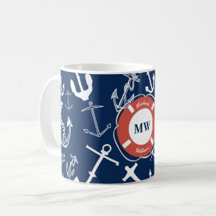 Nautisches Mongram Navy Blue Anchor Muster Kaffeetasse