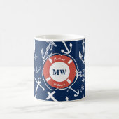 Nautisches Mongram Navy Blue Anchor Muster Kaffeetasse (Mittel)