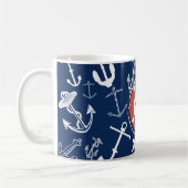 Nautisches Mongram Navy Blue Anchor Muster Kaffeetasse (Links)