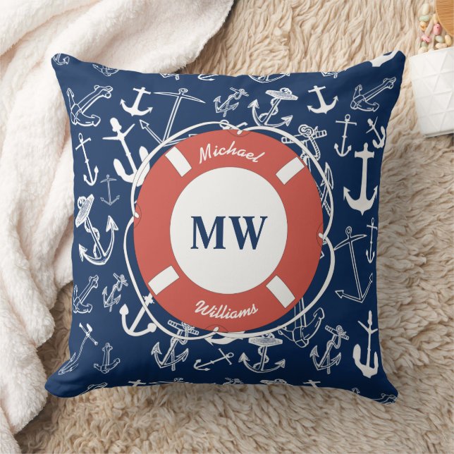 Nautisches Mongram Navy Blue Anchor Muster Kissen (Decke)