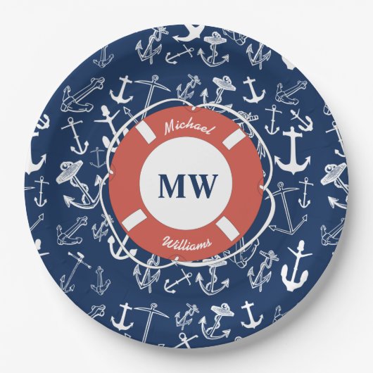 Nautisches Mongram Navy Blue Anchor Muster Pappteller (Vorderseite)