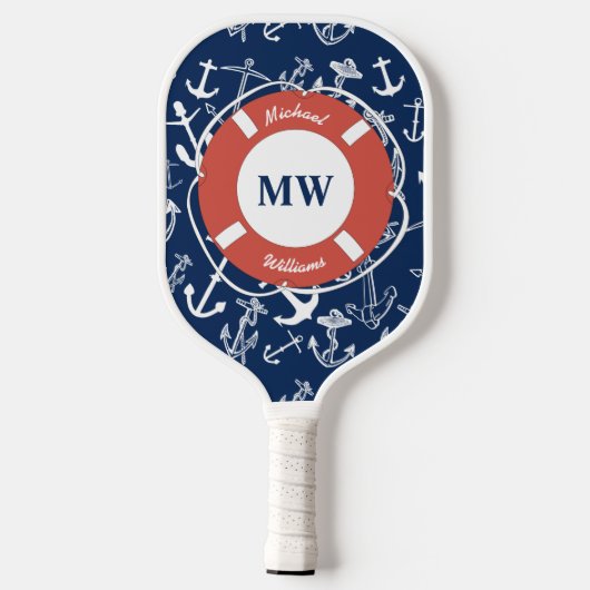 Nautisches Mongram Navy Blue Anchor Muster Pickleball Schläger (Rückseite)