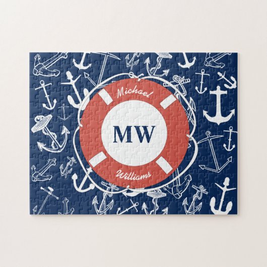 Nautisches Mongram Navy Blue Anchor Muster Puzzle (Horizontal)