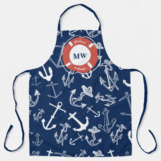 Nautisches Mongram Navy Blue Anchor Muster Schürze (Vorderseite)