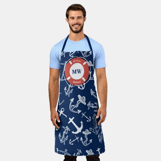 Nautisches Mongram Navy Blue Anchor Muster Schürze (Getragen)