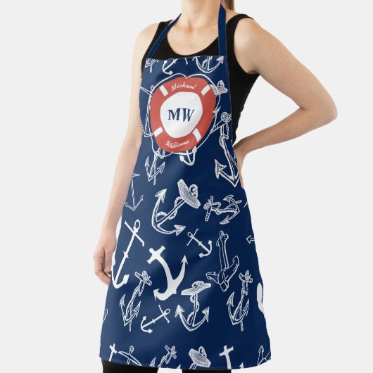 Nautisches Mongram Navy Blue Anchor Muster Schürze (InSitu)