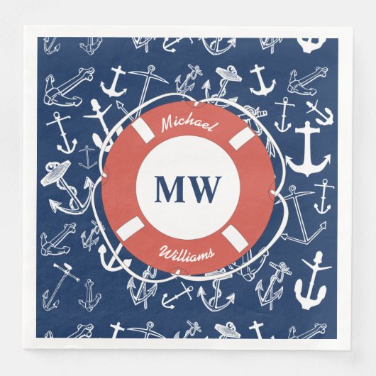 Nautisches Mongram Navy Blue Anchor Muster Serviette (Vorderseite)