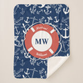 Nautisches Mongram Navy Blue Anchor Muster Sherpadecke (Vorderseite)