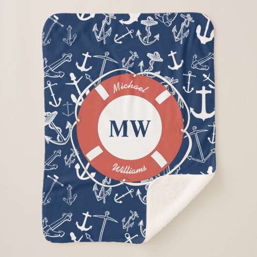 Nautisches Mongram Navy Blue Anchor Muster Sherpadecke (Vorderseite)