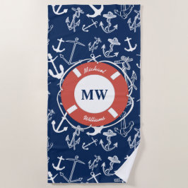 Nautisches Mongram Navy Blue Anchor Muster Strandtuch