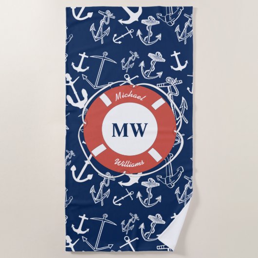 Nautisches Mongram Navy Blue Anchor Muster Strandtuch (Vorderseite)