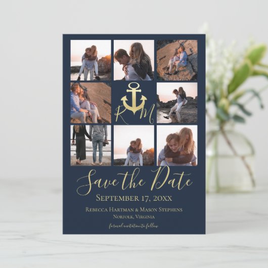 Nautisches Monogramm Navy Blue Multi Foto Save The Date (Stehend Vorderseite)