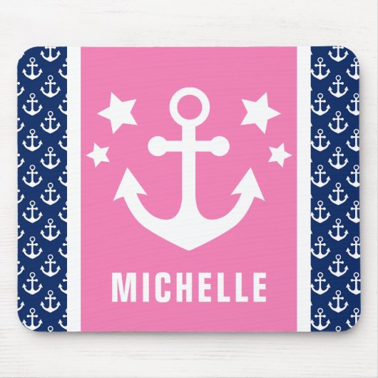 Nautisches Muster für Navy Blue und Pink Anchors Mousepad (Vorne)
