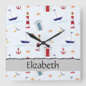 Nautisches Muster, Meeresmuster, Ihr Name Quadratische Wanduhr (Vorderseite)