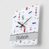 Nautisches Muster, Meeresmuster, Ihr Name Quadratische Wanduhr (Winkel)
