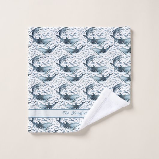 Nautisches Muster mit Delphinen und Fischen Badhandtuch Set (Waschlappen)