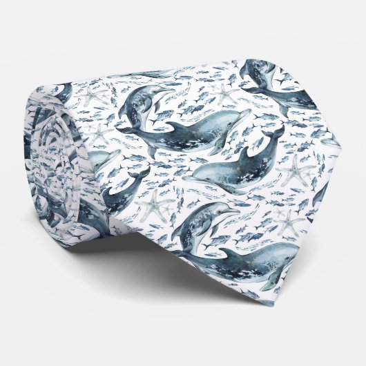 Nautisches Muster mit Delphinen und Fischen Krawatte (Gerollt)