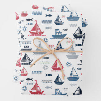 Nautisches Muster mit Segelbooten und Fischen Geschenkpapier Set